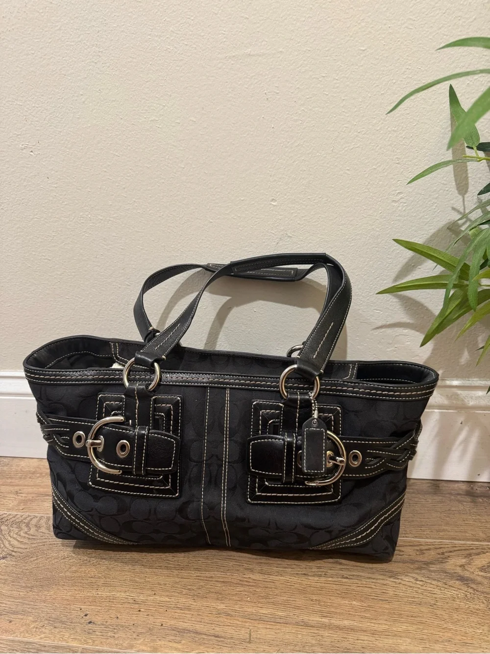 Coach Black Signature Shoulder Tote with Contrast Stitching